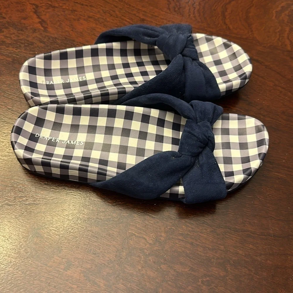 DRAPER JAMES STELLA SLIDES WOMENS SZ 7.5 NAVY & WHITE PLAID GINGHAM SANDAL - Picture 5 of 10